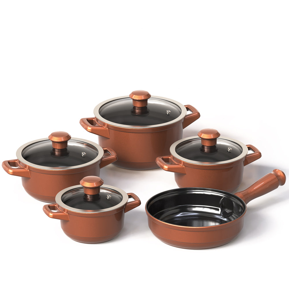 Duo 9 Piece Ceramic Cookware Set - Glass Lid - Cocoa Brown