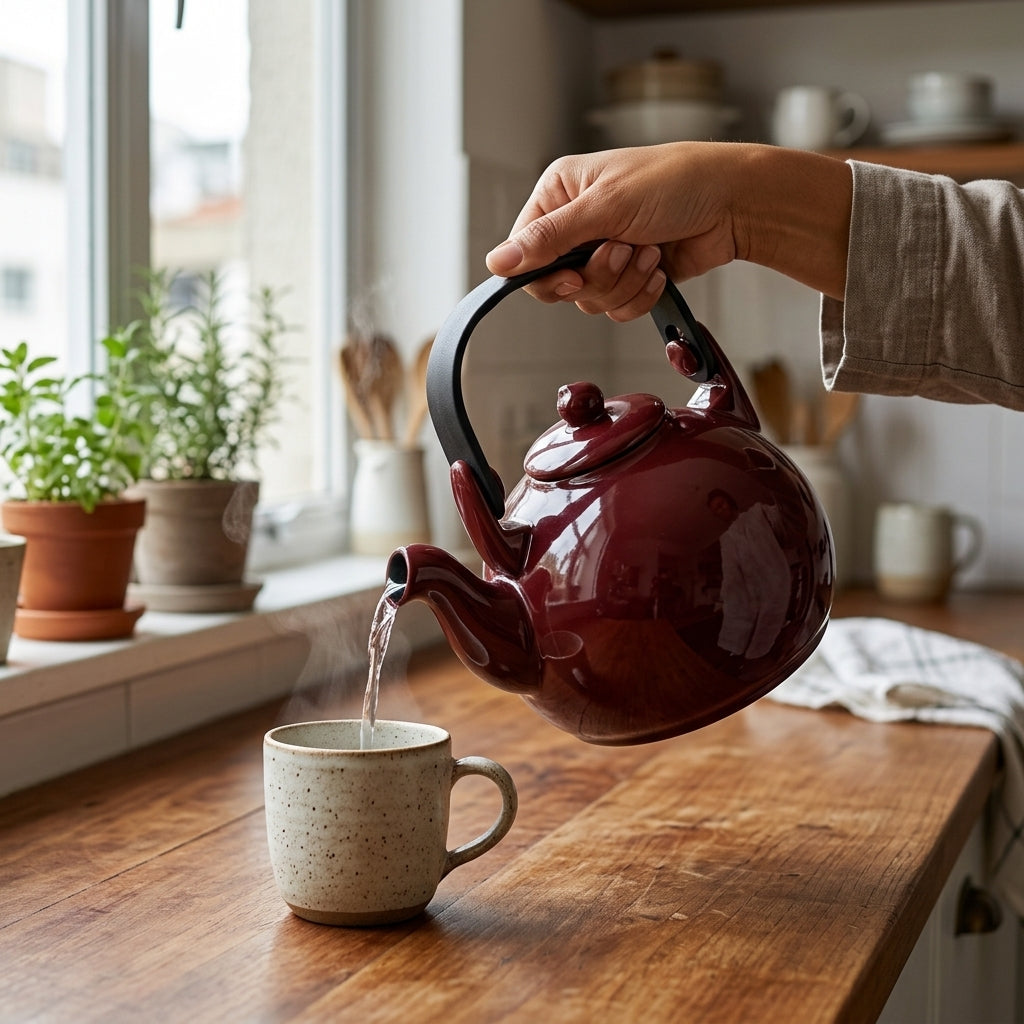 Person pouring tea from a red teapot into a mug on a wooden table.